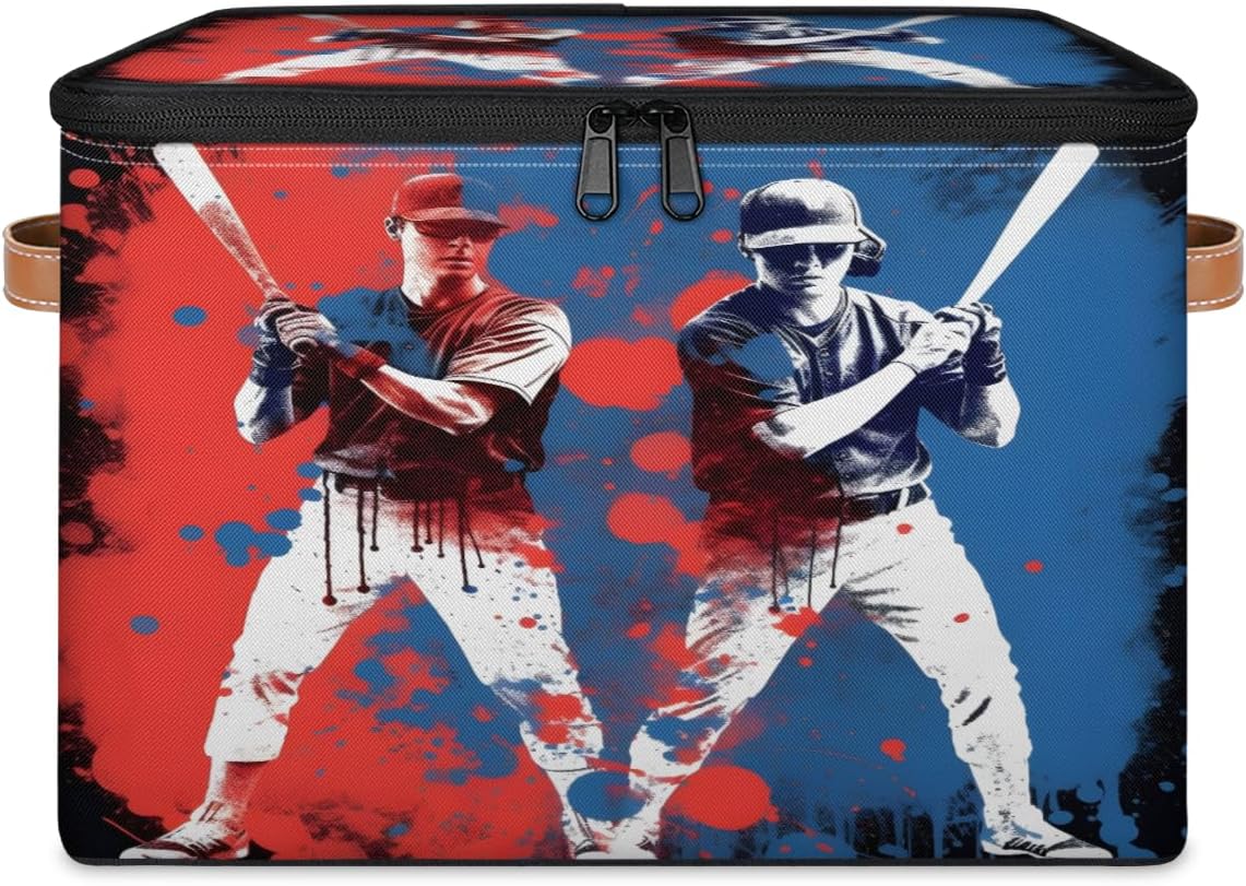 Storage Bin Set of 2 Baseball Player Storage Basket with Zipper Lid & Handle Foldable Closet Shelf 2 Pack Cloth Organizer Basket Cube Bins Clothes Organizer for Nursery, Bedroom