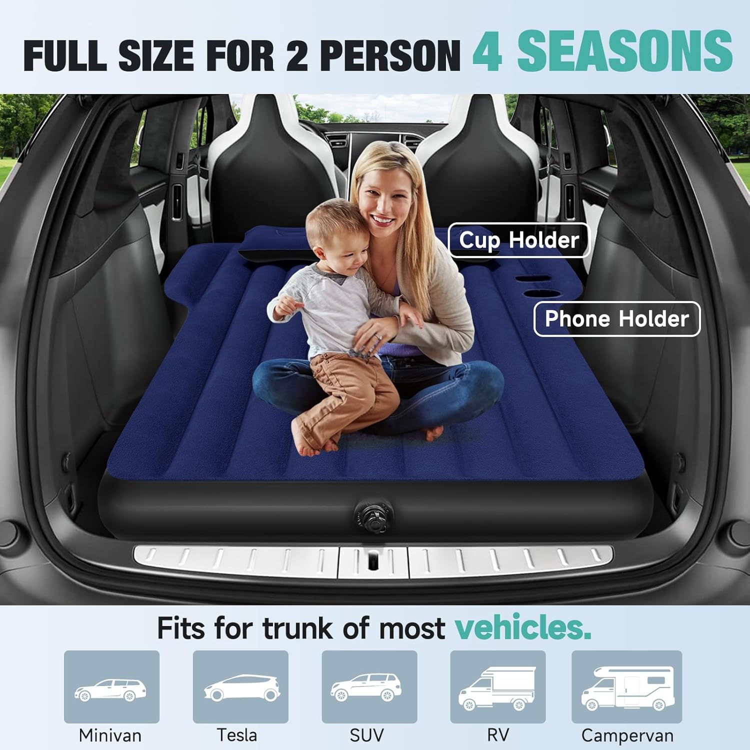 suv air mattress: inflatable car air mattress for camping, portable car bed with air pump & 2 pillows, flocking sleeping pad mattress for home car travel camping, navy model y mattress navy