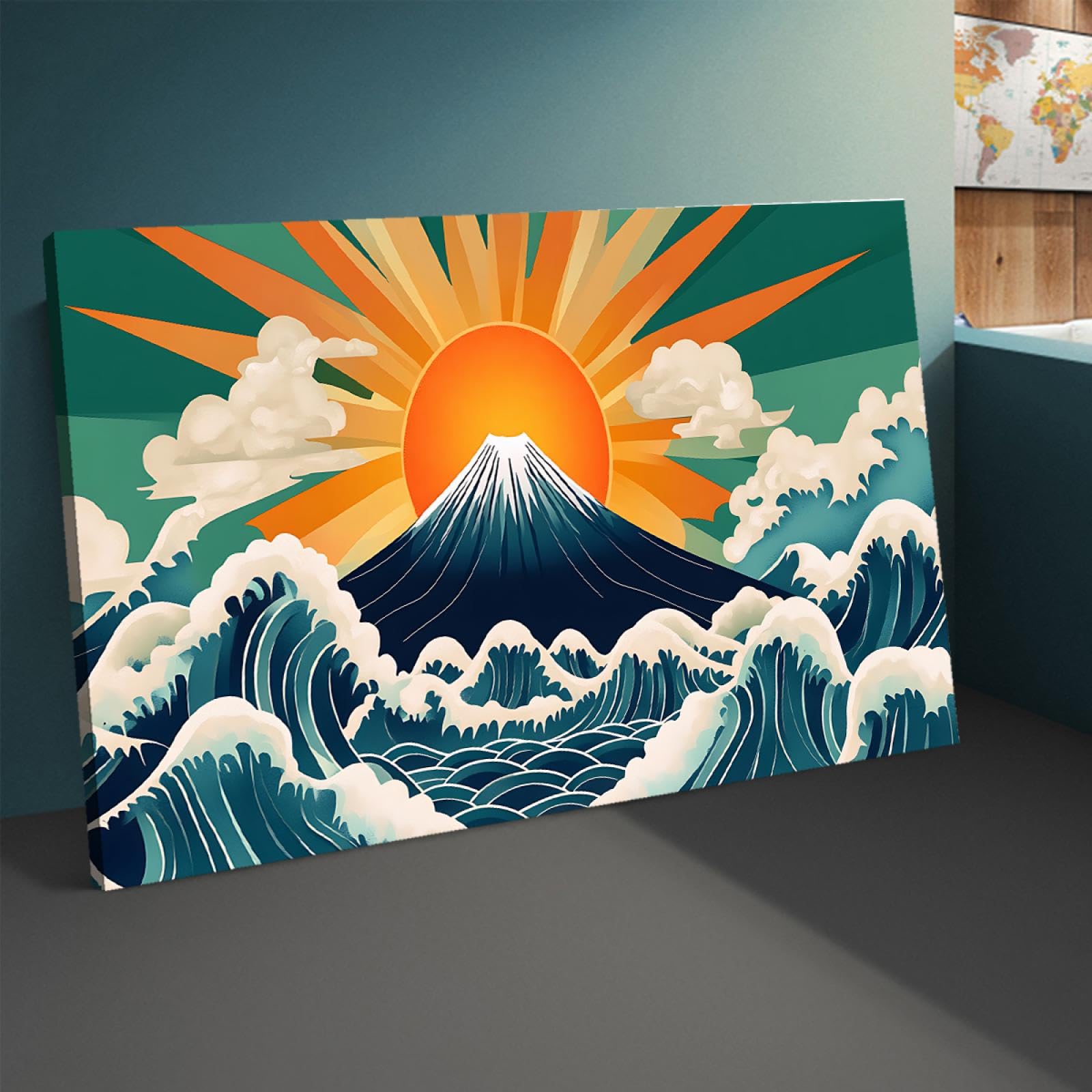 TOANGWALL Minimalistyczny styl duży plakat na płótnie wydruk japoński Ukiyoe Kanagawa fale góra Fuji słońce obraz obraz sztuka ścienna do akademika dekoracja 60 x 105 cm bez ramy