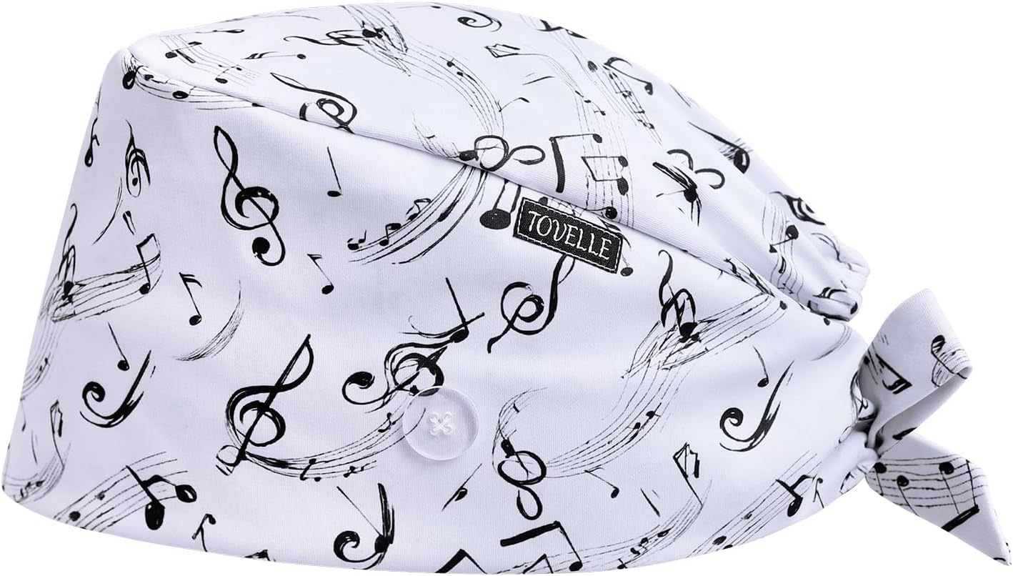 Black White Music Note Double-Sided Printed Scrub Caps for Men and Women with Buttons, Adjustable Helps Reduce Static Buildup Medical Hats, Breathable Surgical Caps with Sweatband for Long Hours