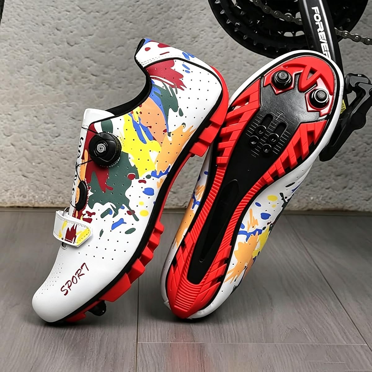Scarpe da Ciclismo Uomo Donna Scarpe Mountain Bike Graffiti Colorati Scarpe da Bici MTB Traspirante Antiscivolo con 2 Bulloni e Tacchetti