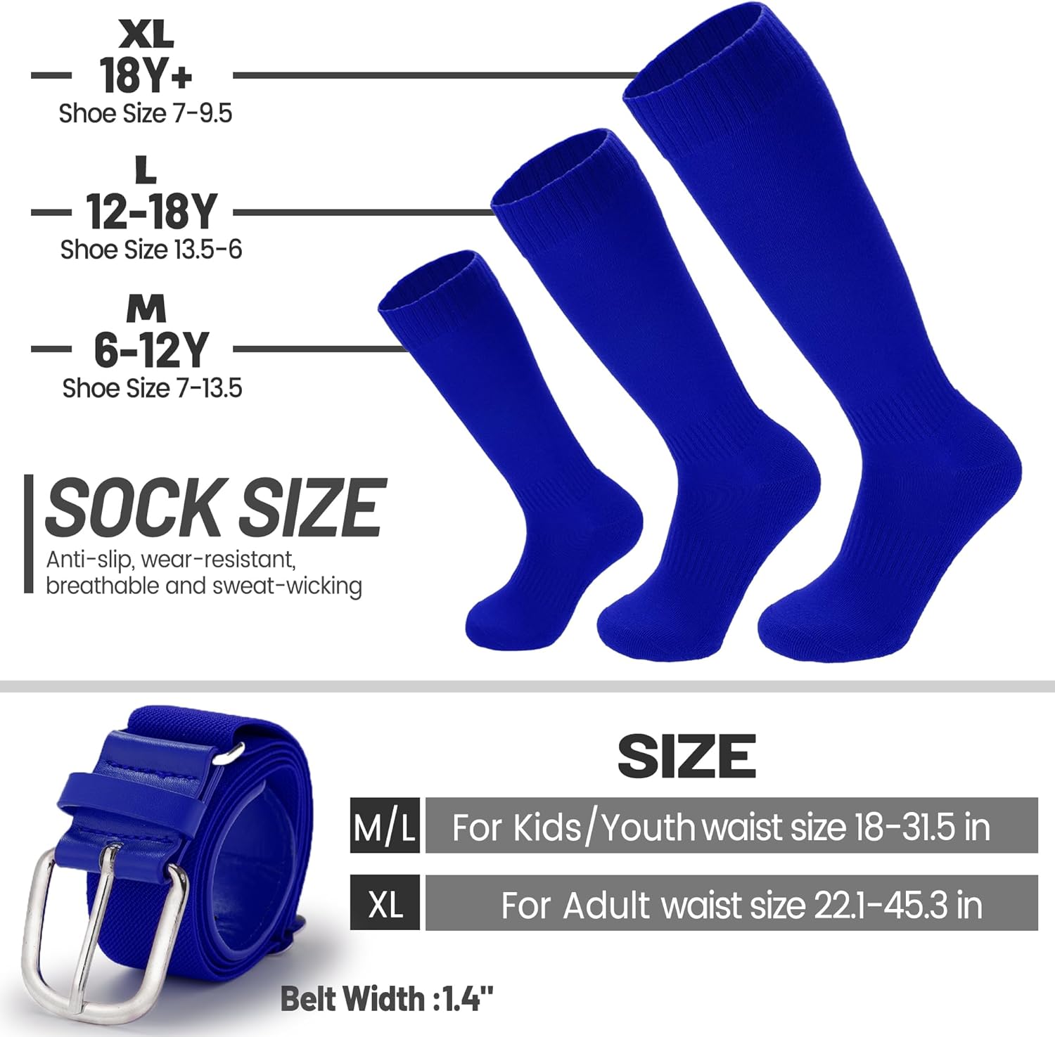 Ultrafun Baseball/Softball Socks and Belt Combo Set for Kids Youth Adult - Image 3