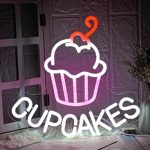 LMSIGNLY Letrero de neón LED de cupcakes, luz de neón rosa y blanca para mesa de postre, letreros de luz USB para Navidad, bodas, aniversarios, baby