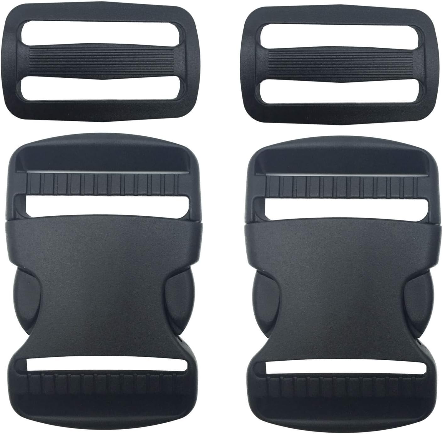 2 Set 1.5 Inch Flat Dual Adjustable Plastic Quick Side Release Plastic Buckles and Tri-Glide Slides for Luggage Straps Pet Collar Backpack Repairing (Black, Fit for 1.5”/38mm Webbing Straps)