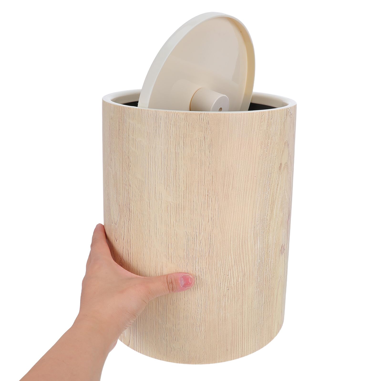 GALPADA Runder Abfalleimer mit Deckel aus Kunststoff in Holzoptik, Beige