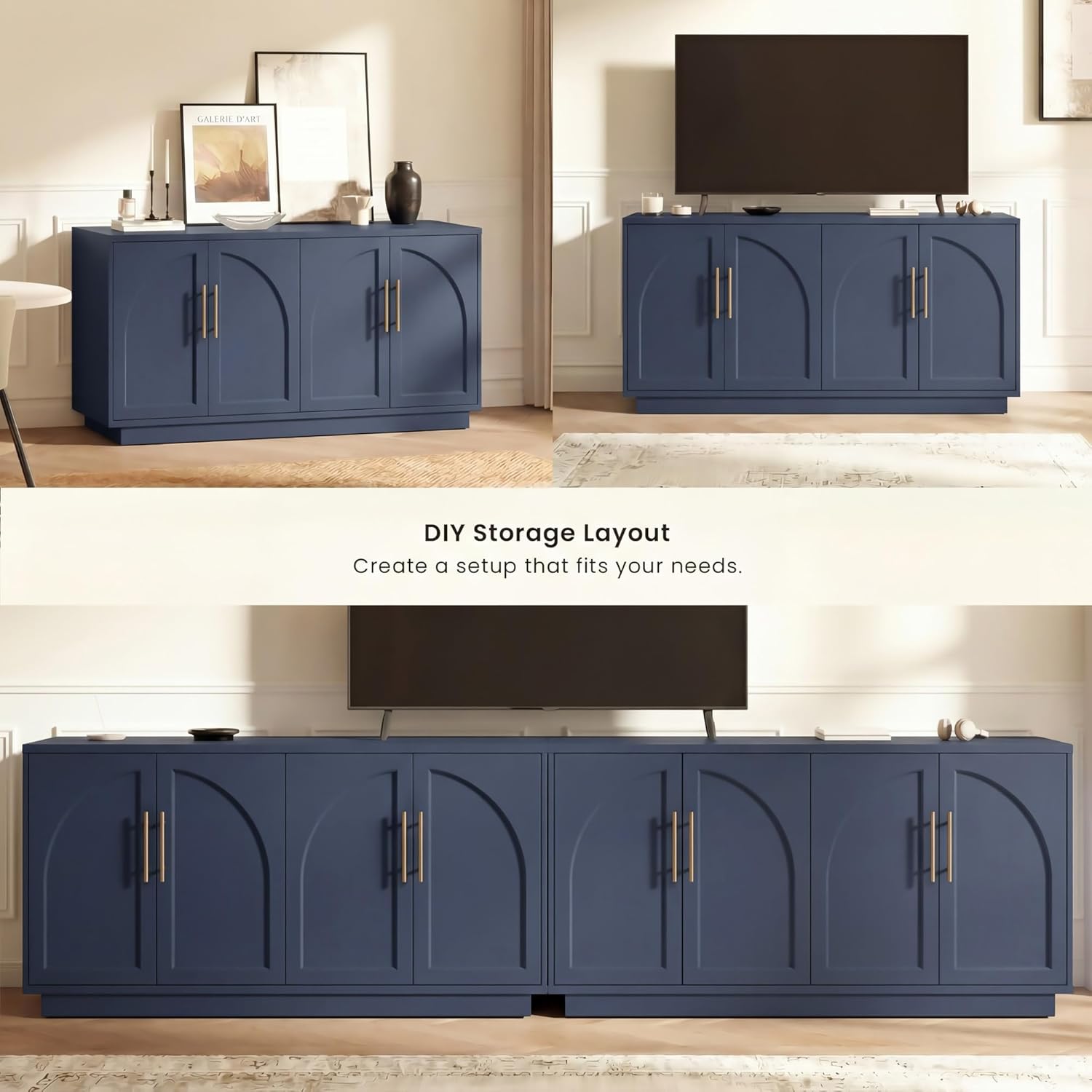 59" Arched Buffet Cabinet with Storage,Modern Wood Sideboard Credenza with Adjustable Shelves,4-Door Media Console Table for Living Room, Dining Room or Entryway, Blue