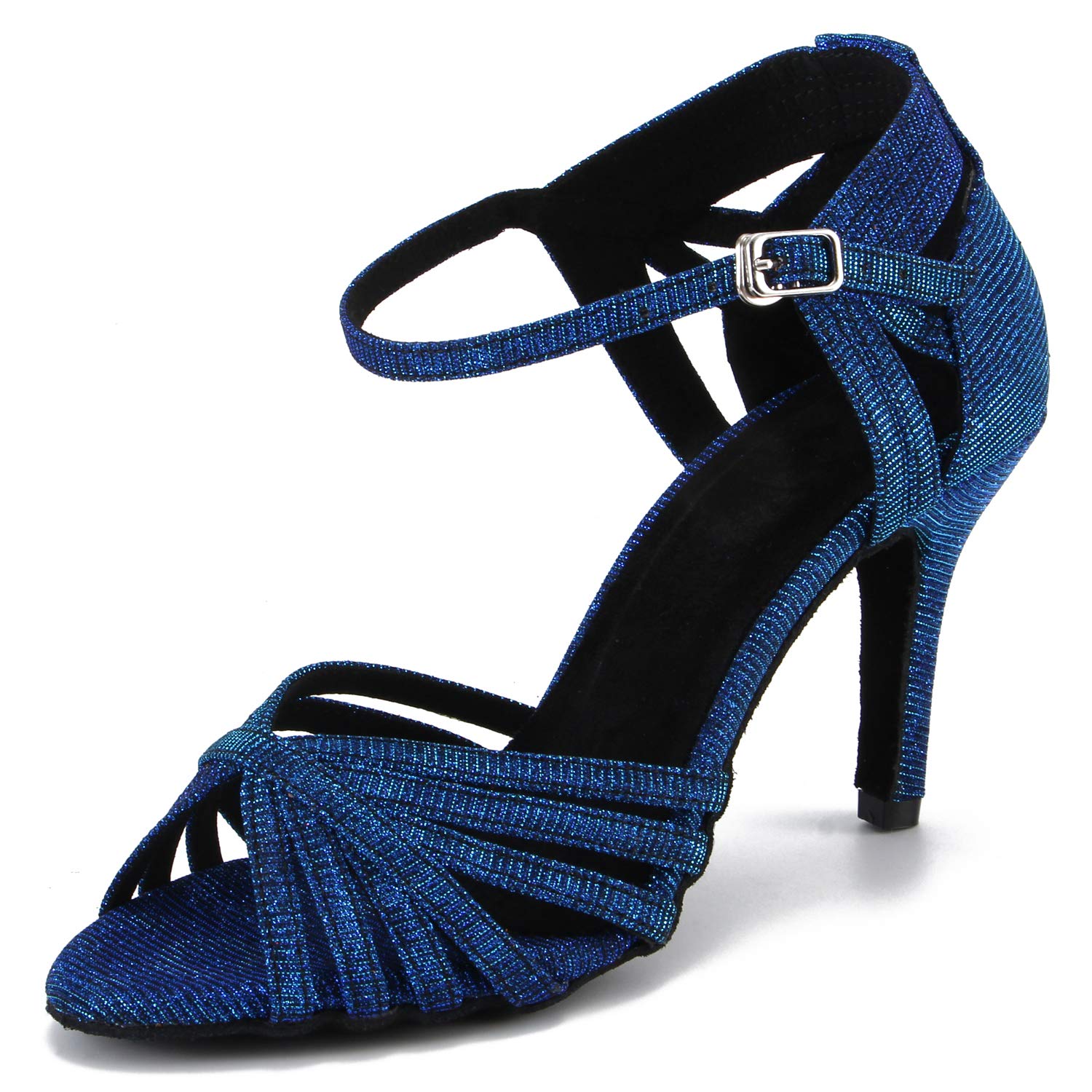 Cheery Ball Women Ballroom Dance Sandals Suede Sole, Blue Fabric, 9 M