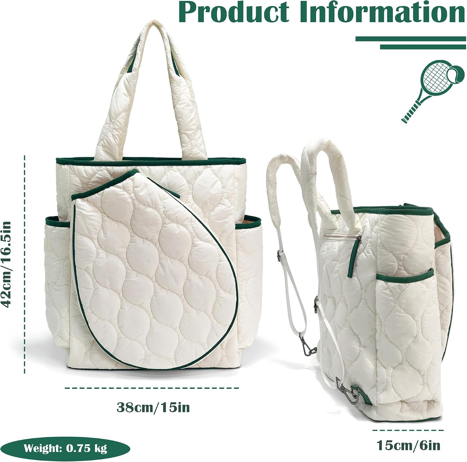 Quilted Tennis Tote Bag for Women, Large Pickleball & Tennis Backpack, Water-Resistant Paddle Racket Bag for 2, Travel Sports Gym