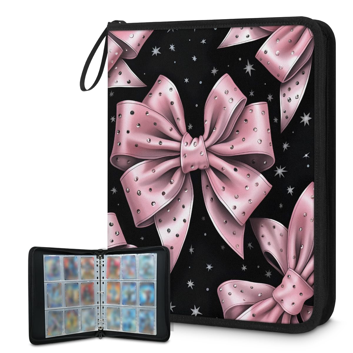 Raccoglitore per carte con 9 tasche, 900 tasche, con chiusura a cerniera (fiocco rosa diamantato)