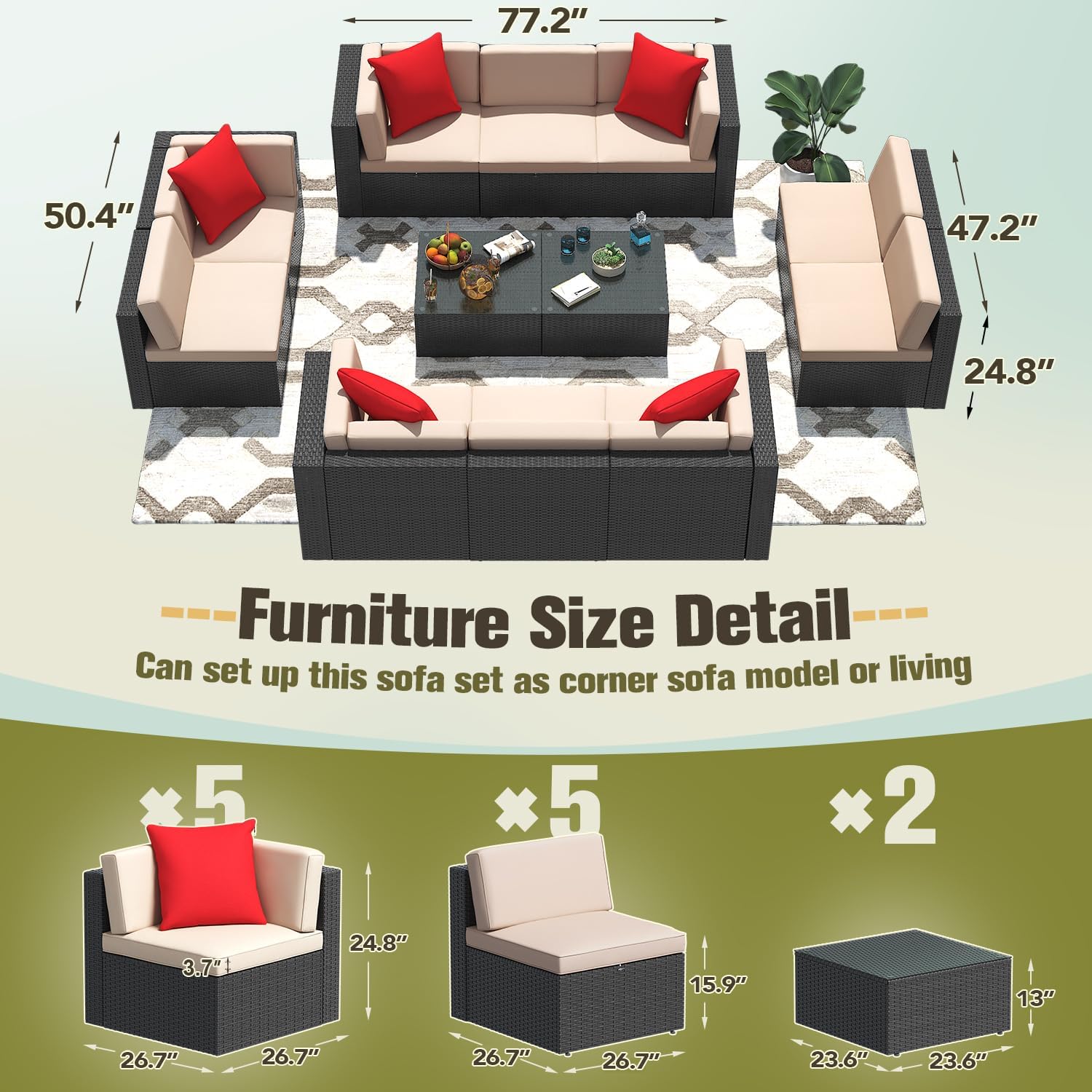 Greesum Patio Furniture Sets 12-Pieces Outdoor PE Rattan Sectional Sofa with Thickened Cushions and Glass Coffee Table, OneSize, Beige