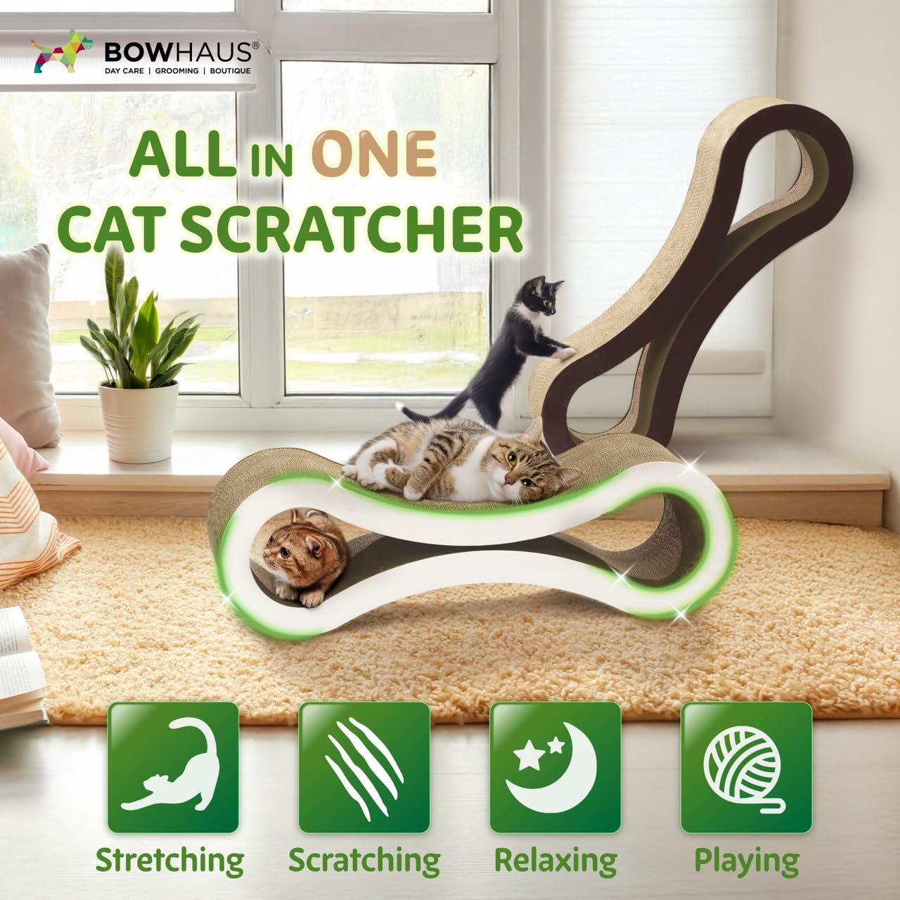BOWHAUS Infinity - Tumbona rascador reversible para gatos, duradera y duradera, rascador de cartón para gatos, almohadilla grande para rascar gatos, tabla de rascar, almohadilla infinita para gatos de