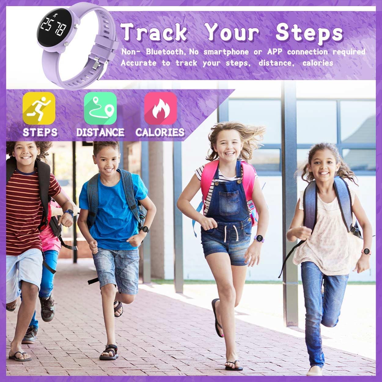 Kids Digital Fitness Tracker Watch, Outdoor Sports Boys Girls Children Wristwatch, Waterproof, with Alarm Clock, Stopwatch, Pedometer Watch (Purple)