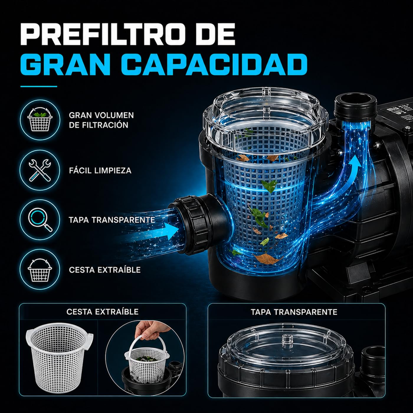 Nix Pool Bomba para Piscina Pro Max 100M Filtración 23400 L/h, Motor de Alta Potencia, Prefiltro de Gran Capacidad, Compatible con Espa Silen antigua y Espa Nox, Bomba de Piscina 1100 W