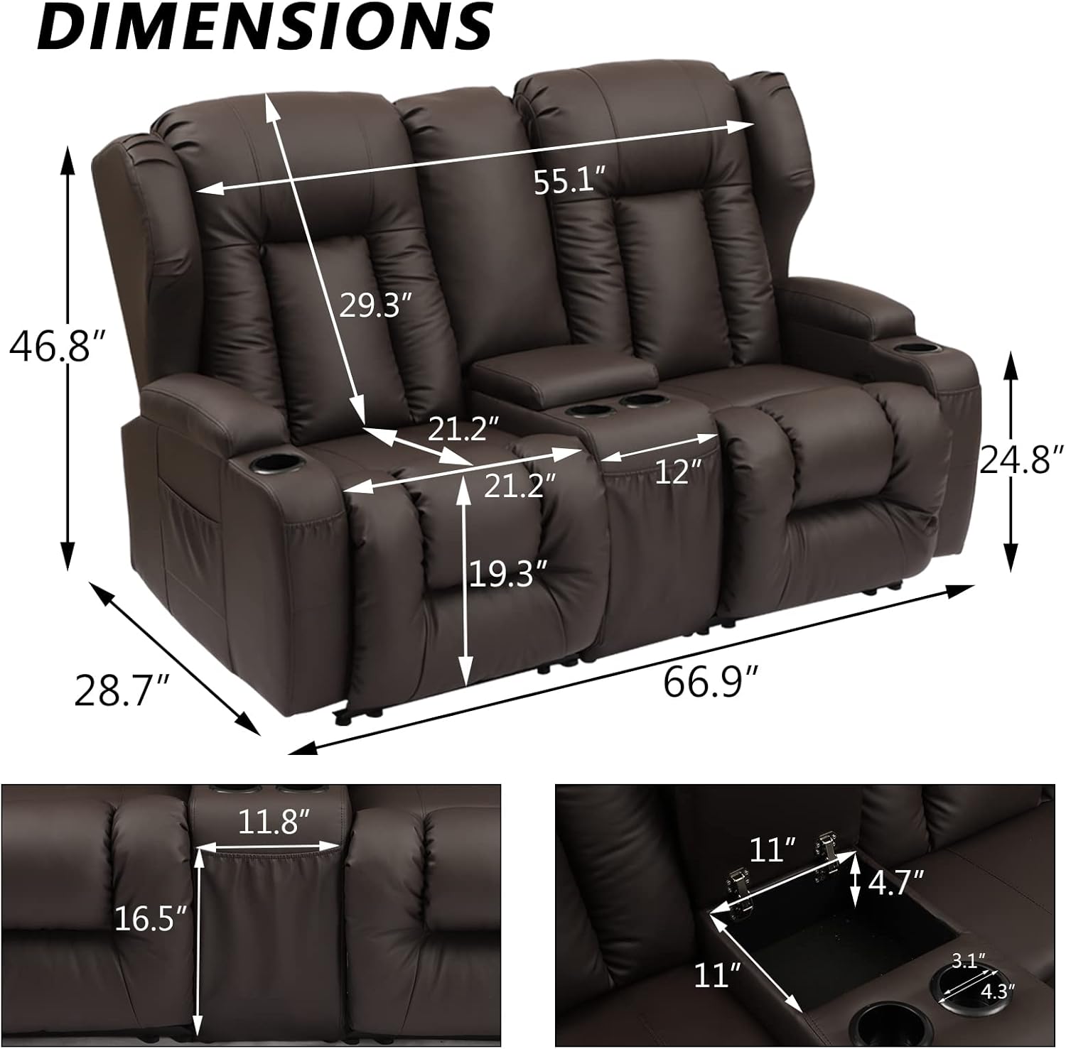 IPKIG 67" RV Loveseat Recliner | Wall Hugger Double Recliner RV Sofa with Console |Faux Leather Reclining RV | RV Theater Seats |RV Theater Seating | RV Furniture, Manual Recliner Chair (Brown) : Home & Kitchen