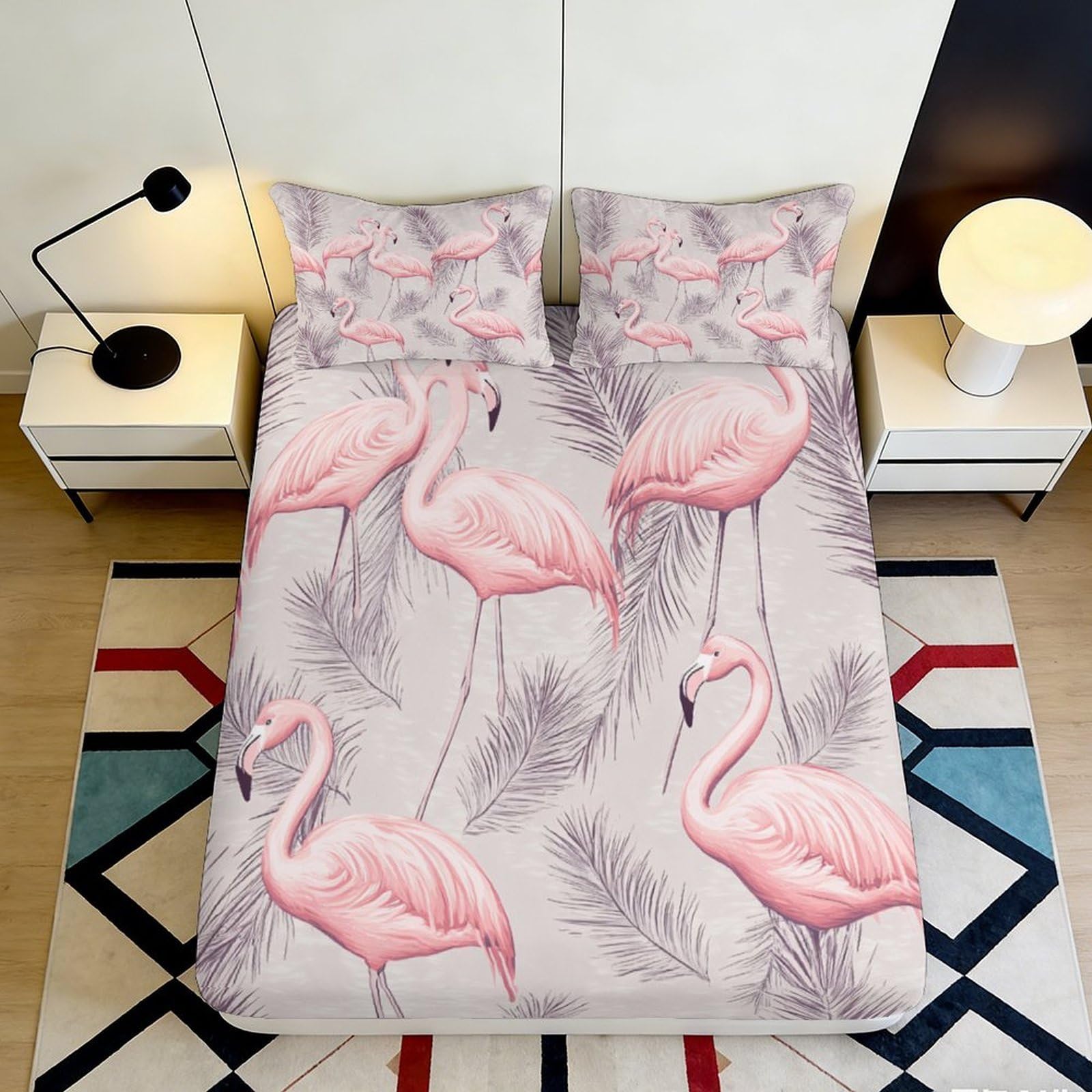 3D Printed Pink Flamingo Fitted Sheet Microfiber Soft Anti-Slip Tropical Leaf Mattress Cover for Bedroom Guest Room 160x200x25cm
