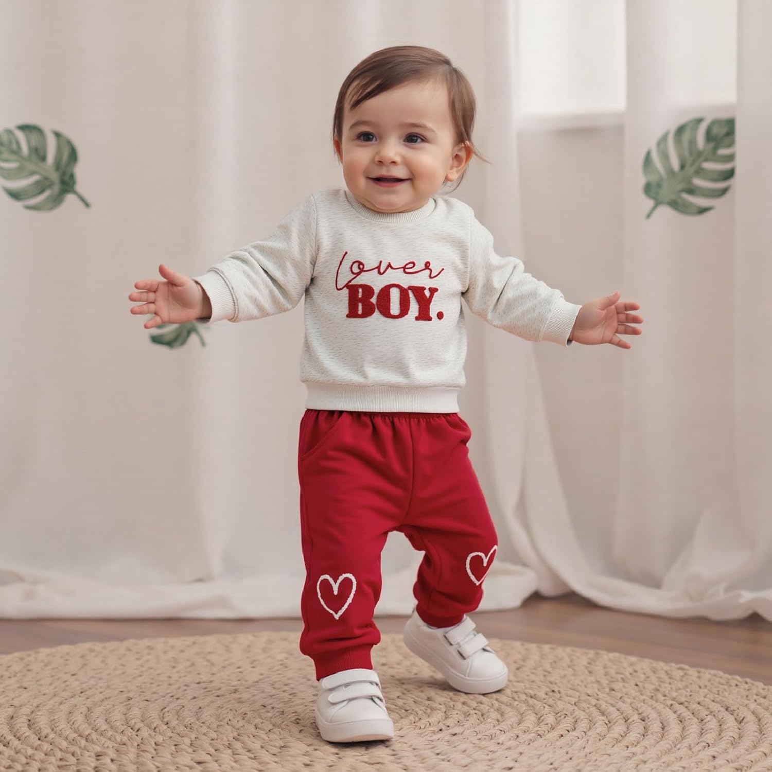 Karuedoo Toddler Baby Boy Valentines Day Outfit Lover Boy Embroidery Crewneck Sweatshirt and Pants Set Spring Clothes - Image 3