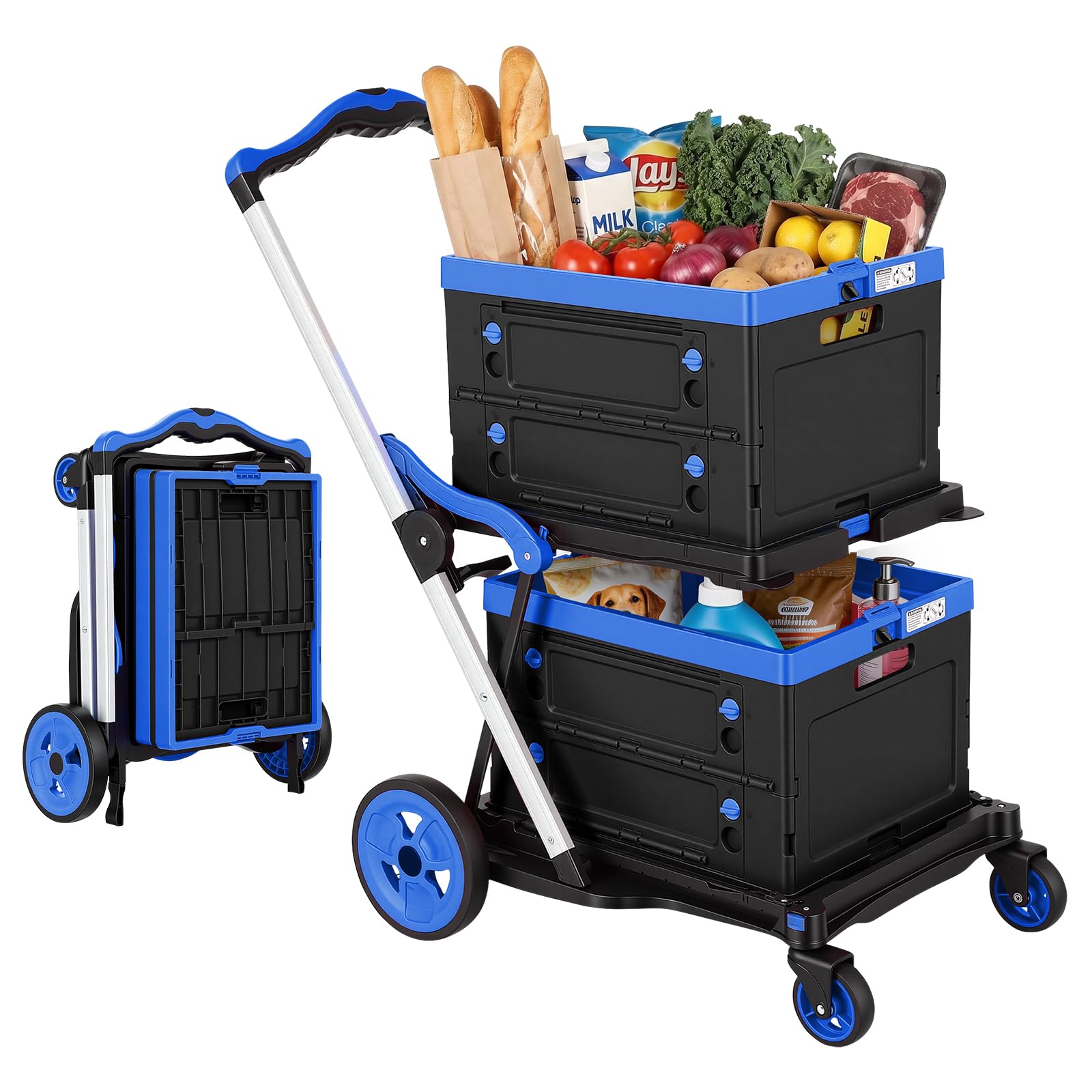 Carrito de compras plegable con ruedas, capacidad de 200 libras, carrito de comestibles con ruedas con caja de almacenamiento, carretilla de mano de plataforma con freno de pie