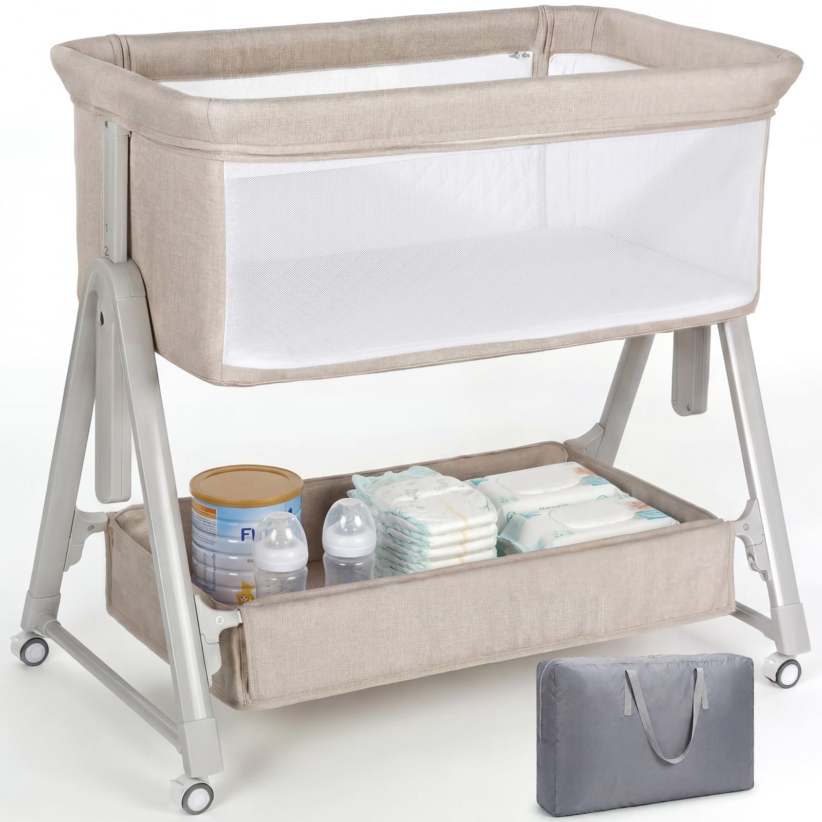 cowiewie bassinet bedside sleeper,3-in-1 baby bassinet with mattress & wheels,easy folding portable bedside bassinet for baby with storage & travel bag,breathable mesh,stable & secure,beige