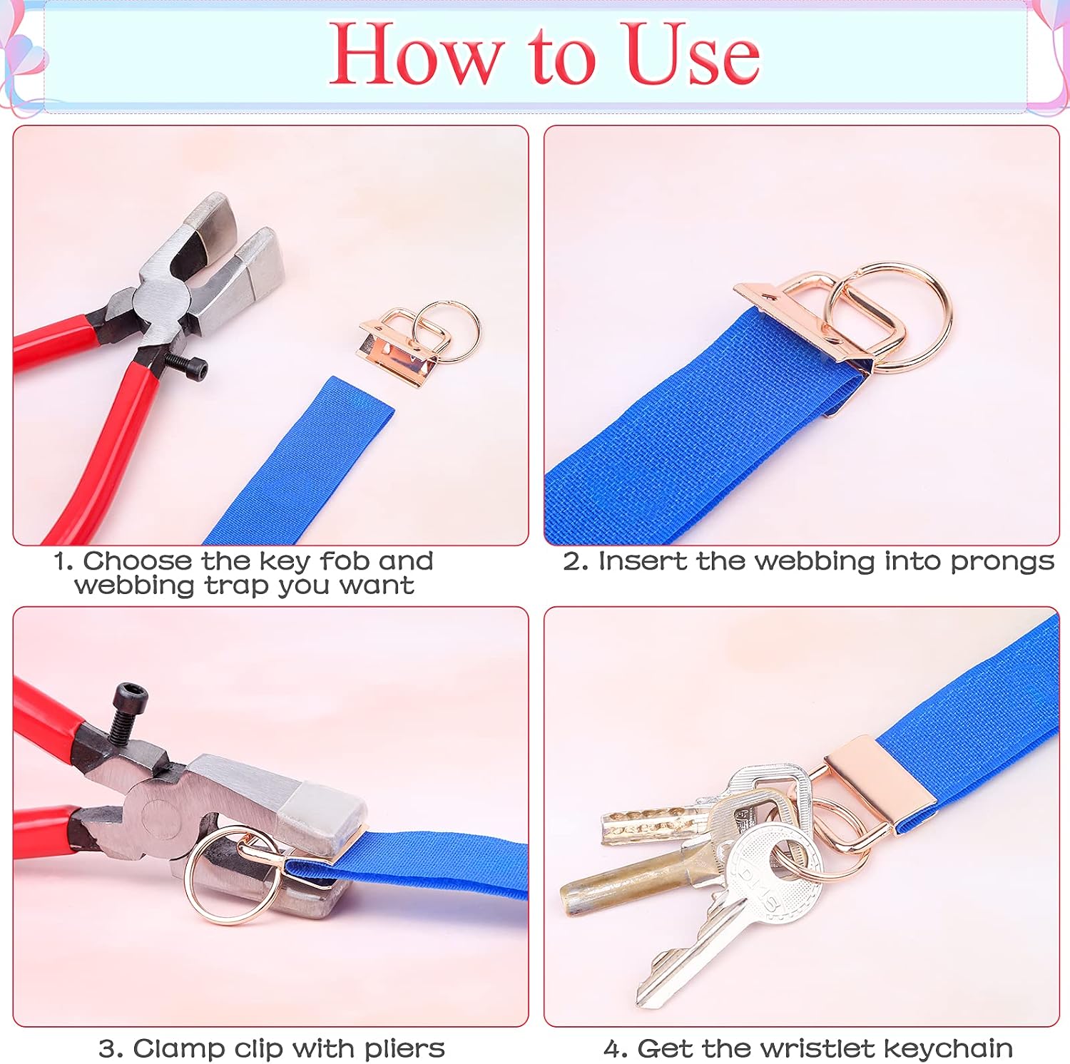 Key Fob Hardware, Ocheyu Keychain Hardware Set Includes 60PCS 1 Inch Key Fob Hardware Wristlet Keychain With Key Fob Hardware Pliers Tool for Wrist Strap Key Chain, Lanyard Clasp Hardware, Multicolor
