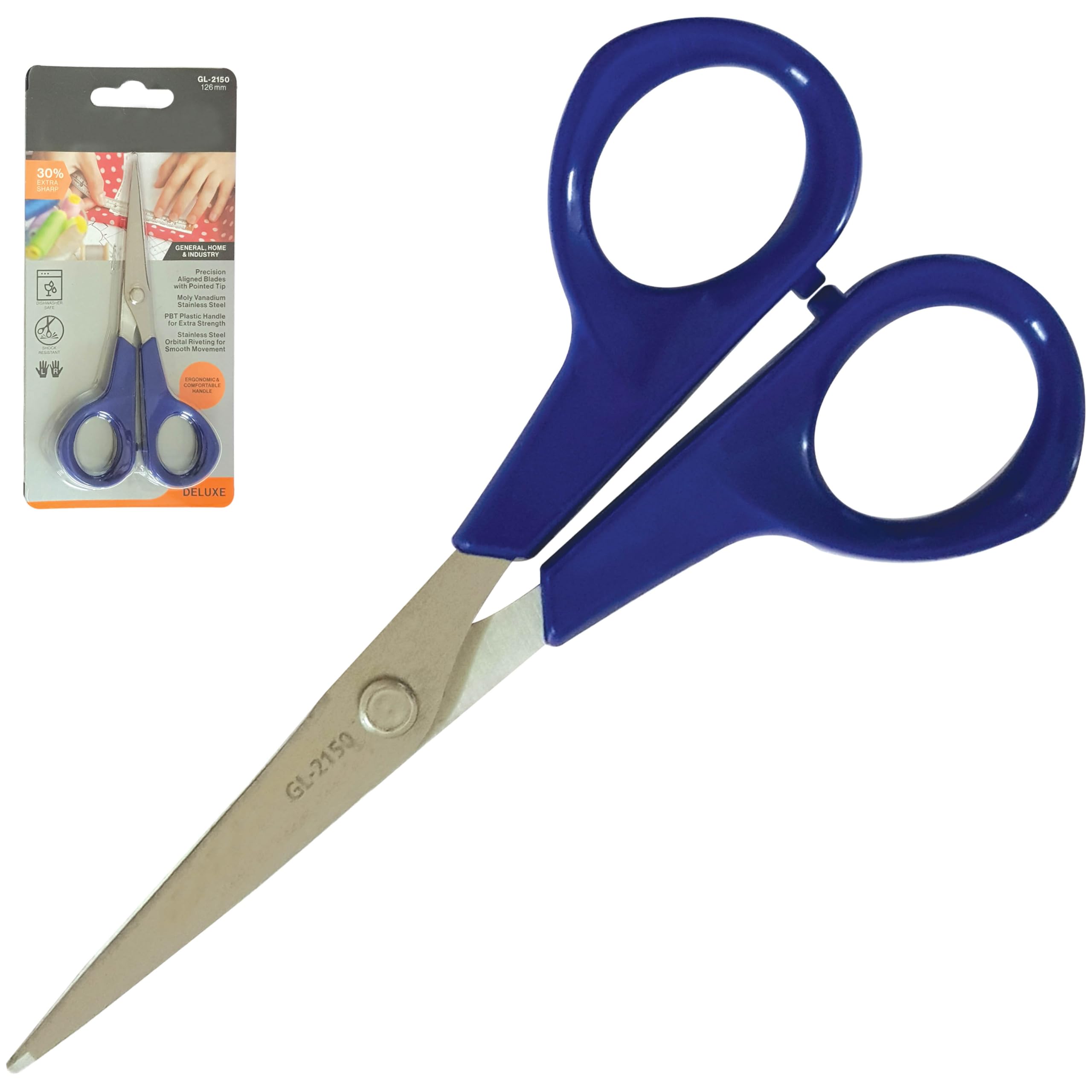 ZGL2150 Multi-Purpose Precision Aligned Stainless Steel Blades Scissors, 126mm, Blue Body, Left-Right Handed, Comfortable Grip, Ideal for General Home Office Use, iZOFAX