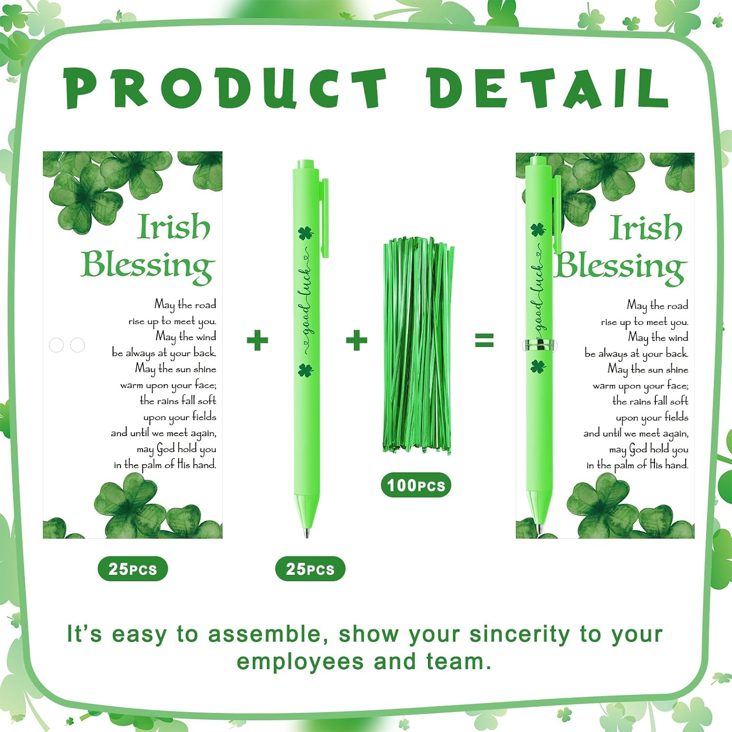 Fullhawl 25 Sets St. Patrick's Day Gifts Sets Good Luck Clover Shamrock Ballpoint Pens with Green Irish Blessing Prayer Cards and Twist Ties for Saint Patricks Teachers Employee Party Office Supplies