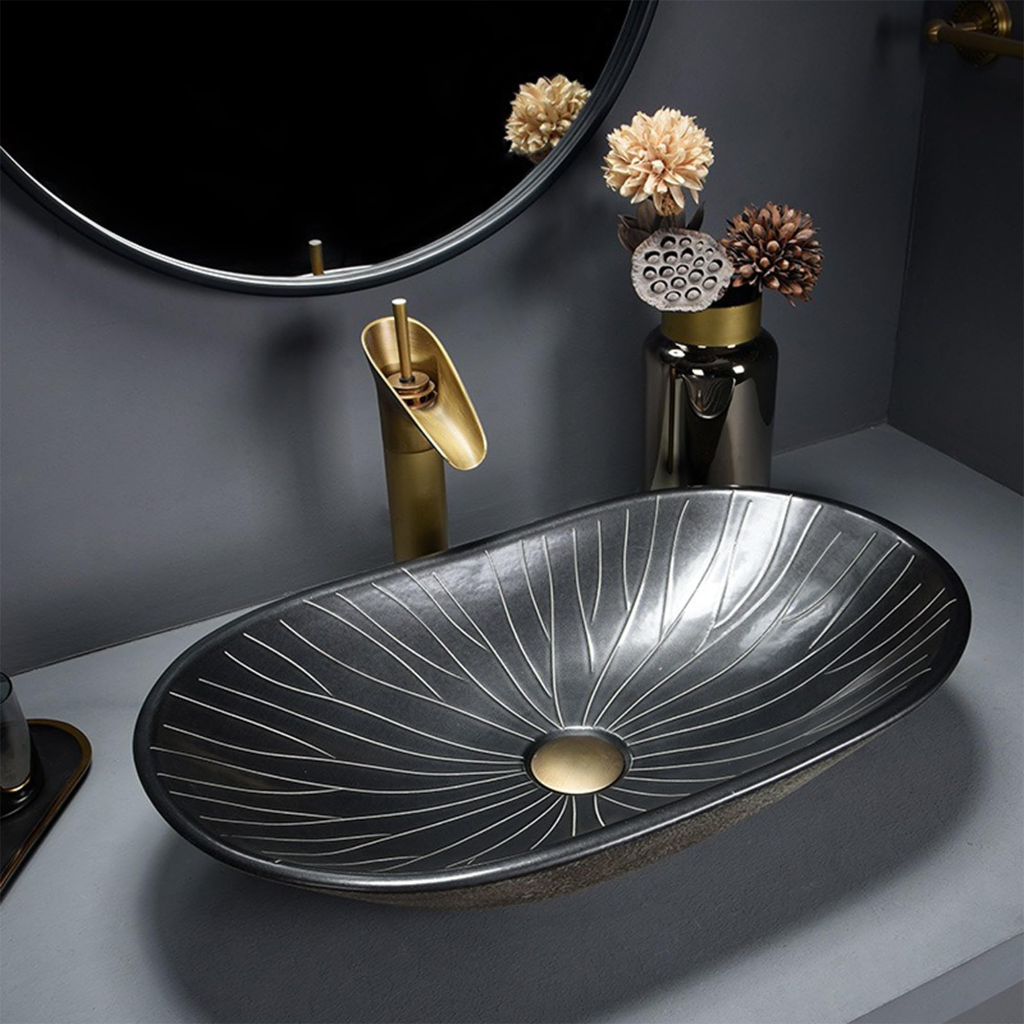 Owalna czarna umywalka nablatowa do łazienki Retro ceramiczna umywalka nablatowa do łazienki z baterią i korkiem klik-klak Umywalka nadblatowa Nowoczesna elegancka misa,Sink with faucet