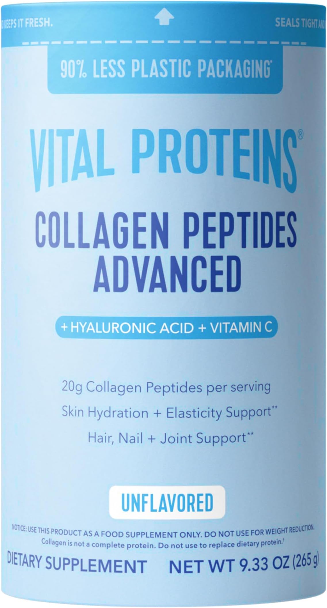Collagen Peptides Powder Advanced, Unflavored, 9.33oz | Hyaluronic Acid & Vitamin C, Supports Hair Skin & Nails, Collagen Peptides, 12 Servings