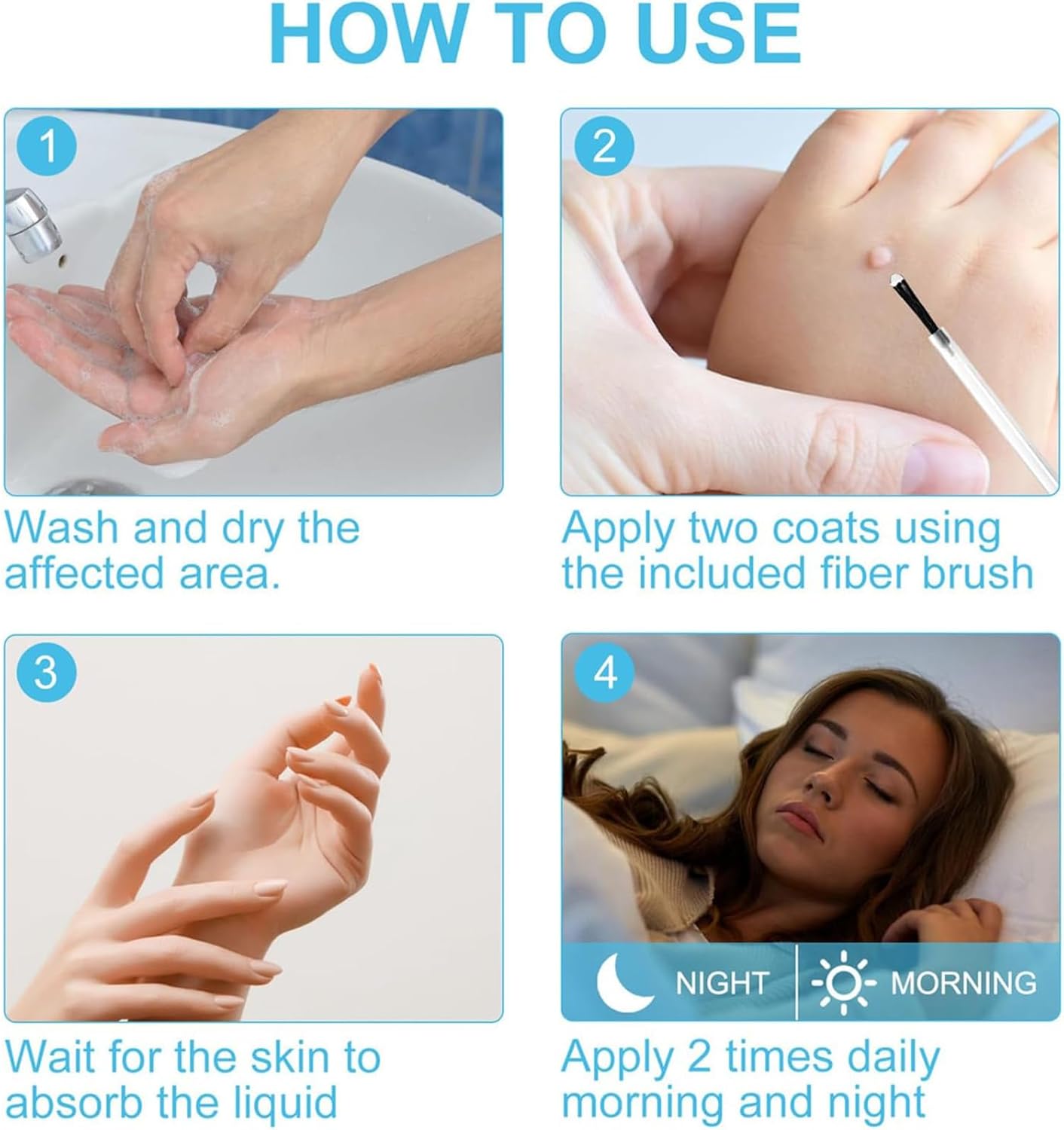 Diagram illustrating the four steps for using ibealee Tag & Wart Remover: 1. Wash and dry affected area. 2. Apply two coats with brush. 3. Wait for absorption. 4. Apply twice daily, morning and night.