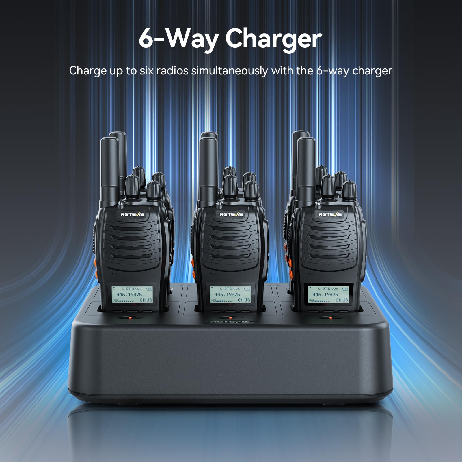 Retevis H777D Walkie Talkie z 6-drożną ładowarką, Ekranem LCD, ładowaniem Typu C i Bazą, 1200 mAh, łatwe Parowanie, Przenośne Radio Dwukierunkowe do Sklepów, Ochrona (6 Sztuk, Czarny)