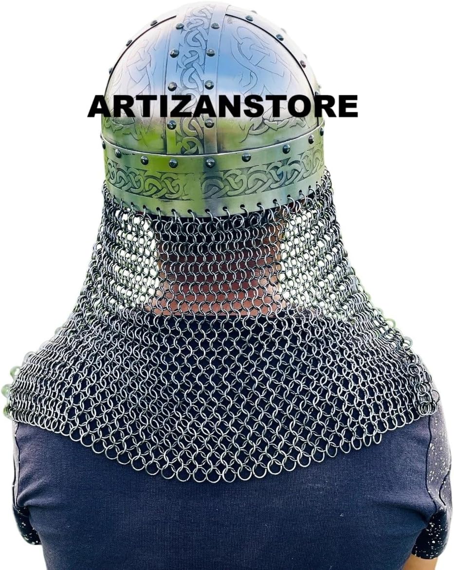 ARTIZANSTORE Medieval Viking Helmet ~ Authentic Etched Norse Warrior Battle ~ LARP Chainmail Helm Halloween Costume Warrior Helm