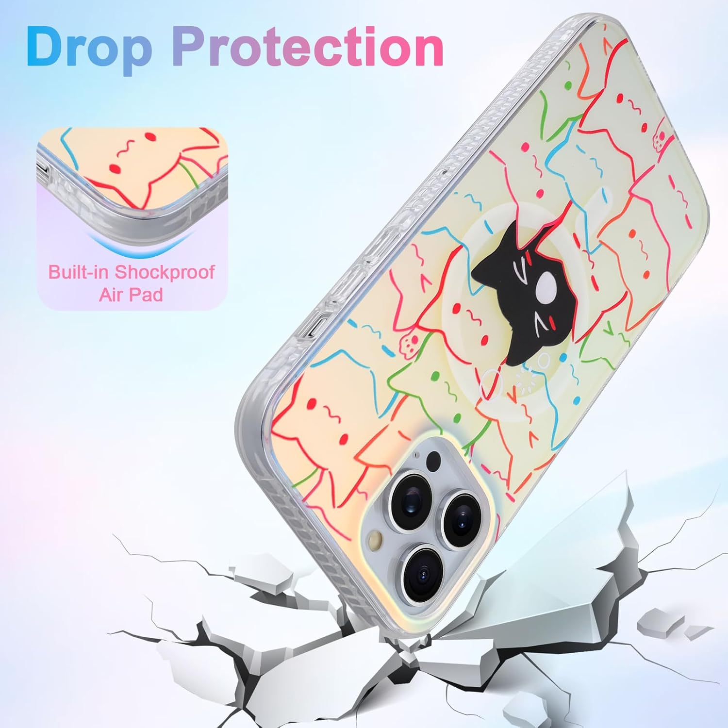Cute Case for iPhone 13 Pro Max Case for Women Girls Boys [ Compatible with Magsafe ] Iridescent and Black Cats Cat Pattern Design, Kawaii Colorful Animal Soft Bumper Protective Phone Cover - Image 5