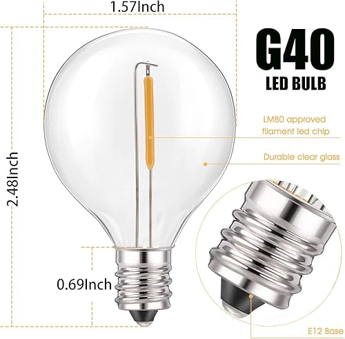 Miniatura 2 de Tira de luces LED de 50 pies para exteriores con 22 bombillas LED G40 inastillables (2 de repuesto), luces colgantes conectables para patio trasero