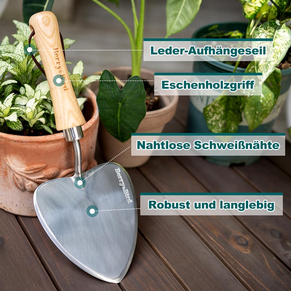 Berry&Bird Truelle de jardin surdimensionnée avec lame tranchante, pelle à main en bois, truelle en acier inoxydable, outil de jardin pour racines, plantation, creuser, transplanter et couper