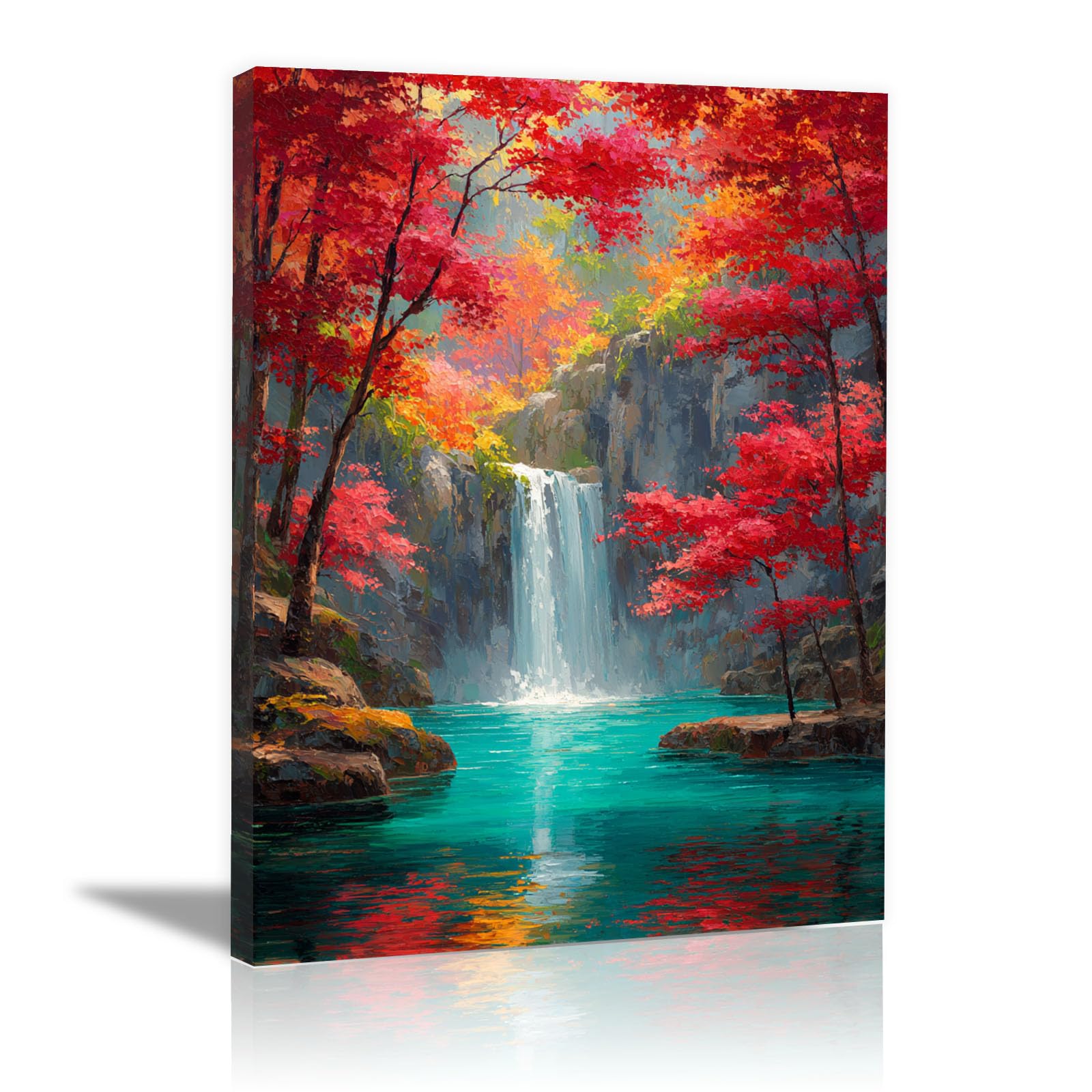 Teruea Red Flowers Wall Art Crimson Tree, Cascading Waterfall & Turquoise Lake Pool (Red)-20X30cm1 Framed