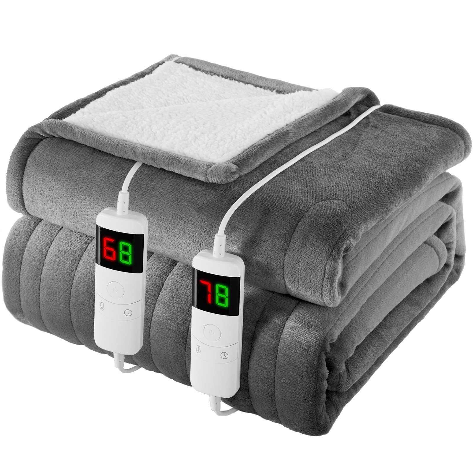 Homemate Plain-Grey Heated Blanket Electric Throw - 180X200cm, 1/2/4/6/8 Hours Auto-Off 10 Heat Level Digital Control, Over-Heat Protection Flannel Sherpa Washable Blanket Grey