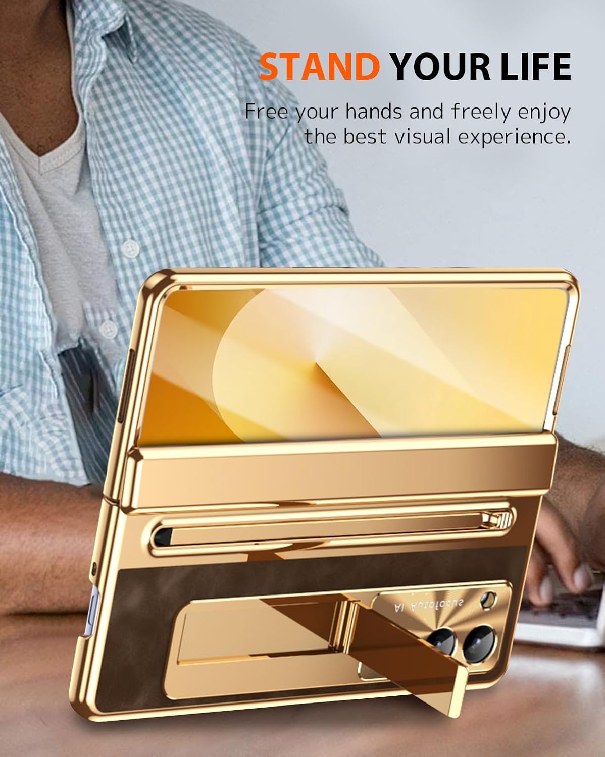 NINKI for Samsung Galaxy Z Fold 7 Case with S Pen & S Pen Holder, Kickstand & Front Screen Protector Hinge Electroplating Leather Phone Cover for Z Fold 7 Case with Stand and Stylus – Gold with Coffee