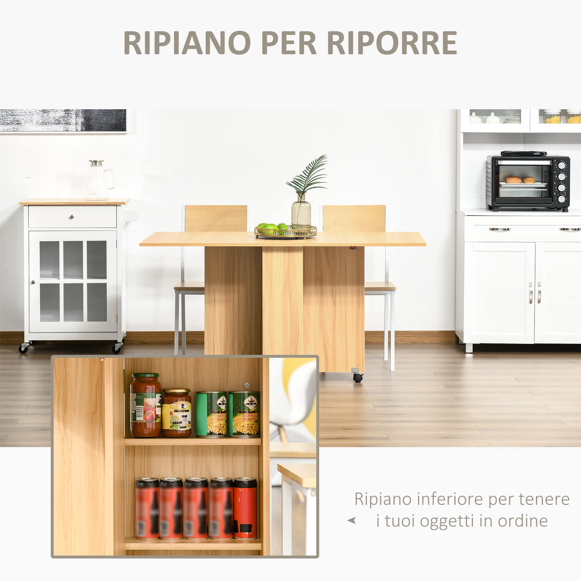 HOMCOM Tavolo da Pranzo Pieghevole con Ruote 140x80x74 cm Legno Naturale | Tavolo Cucina a Ribalta, Ruote a Freno, per 4-6 Persone, Scrivania Richiudibile con Ripiani, per Soggiorno