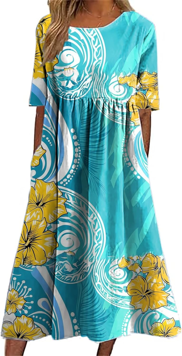 Boho Dresses for Women 2025 Floral Hawaiian Casual Summer Empire Waist Short Sleeve Crewneck A Line Maxi Dress