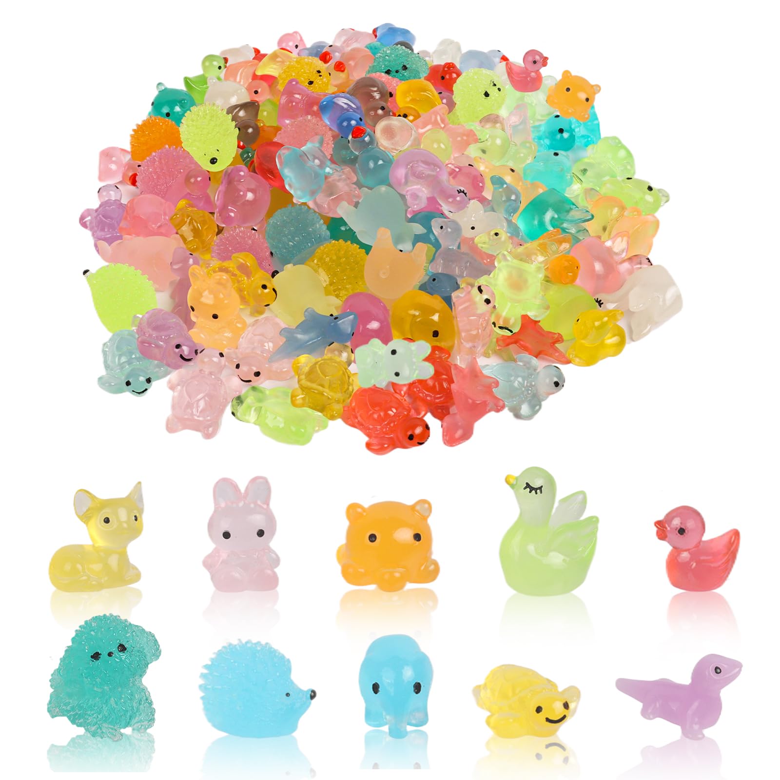 120Pcs Tiny Resin Animals Mini Luminous Resin Animals Rare Mixed, 11 Styles Figures Small Plastic Animals Mini Mixed Luminous Resin Animal Mini Glow in the Dark Animal Cute (Multicolored-120pcs)