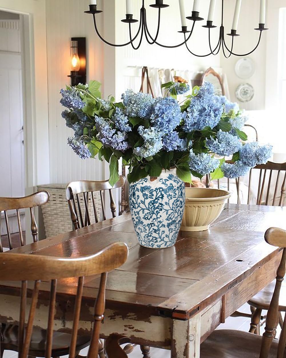 Ceramic Vintage Vase, 9.3" Rustic Blue and White Chinoiserie Floral Vase for Home Decors, Handcrafted Farmhouse Large Flower Vases for Living Room, Table, Bathroom,Centerpiece - Image 6