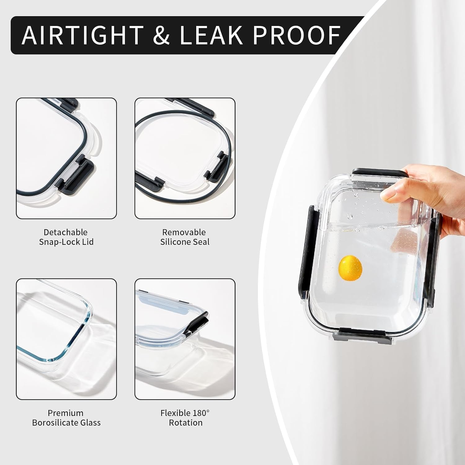 10 Pack Glass Meal Prep Containers with Lids, Reusable Airtight Leakproof Glass Lunch Bento Boxes, Freezer, Microwave Oven and Dishwasher Safe, Gray