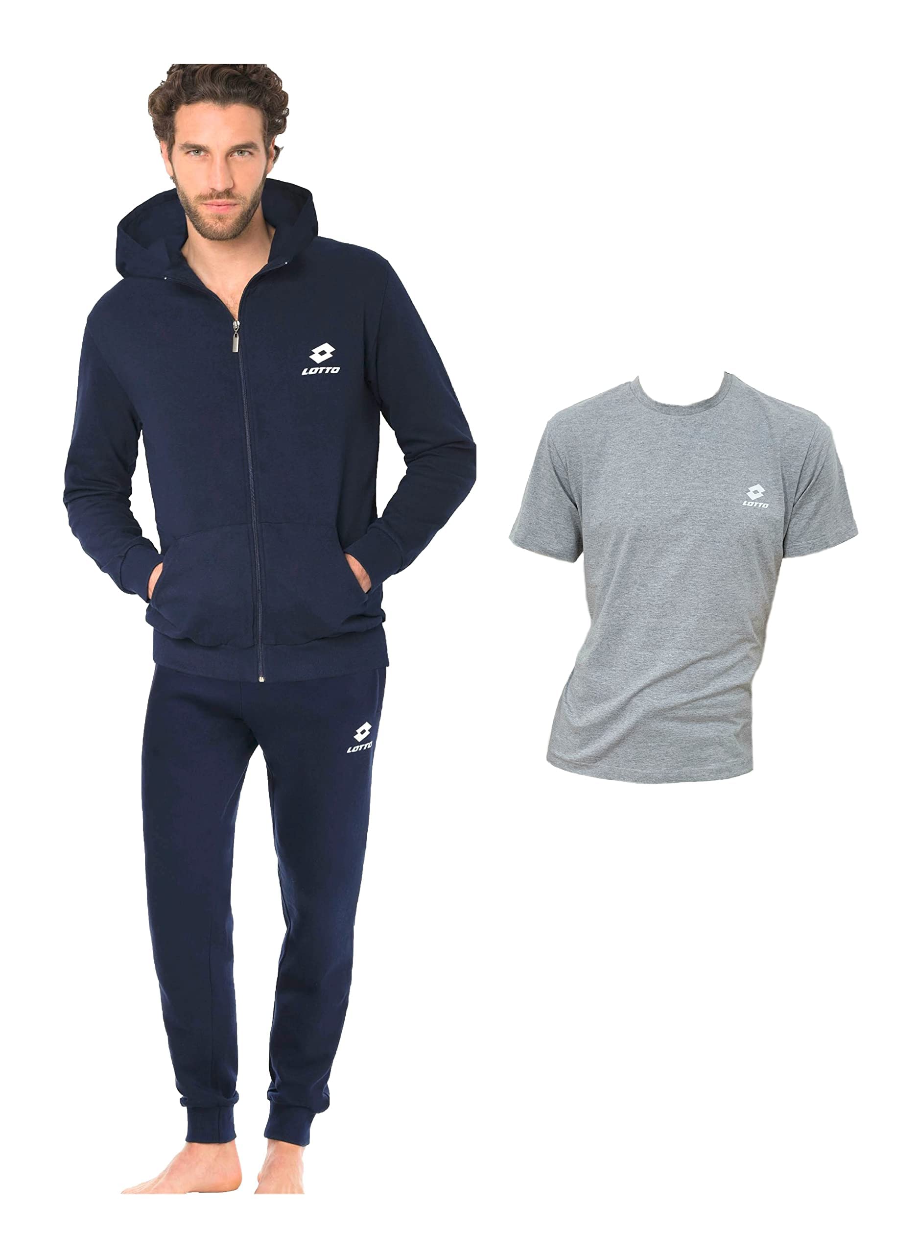 Lotto Tuta Uomo Invernale Completa MIX - Felpa di Cotone GARZATO con Zip Intera + T-Shirt/Boxer in Omaggio - Grigio Mélange / Altri Colori - M