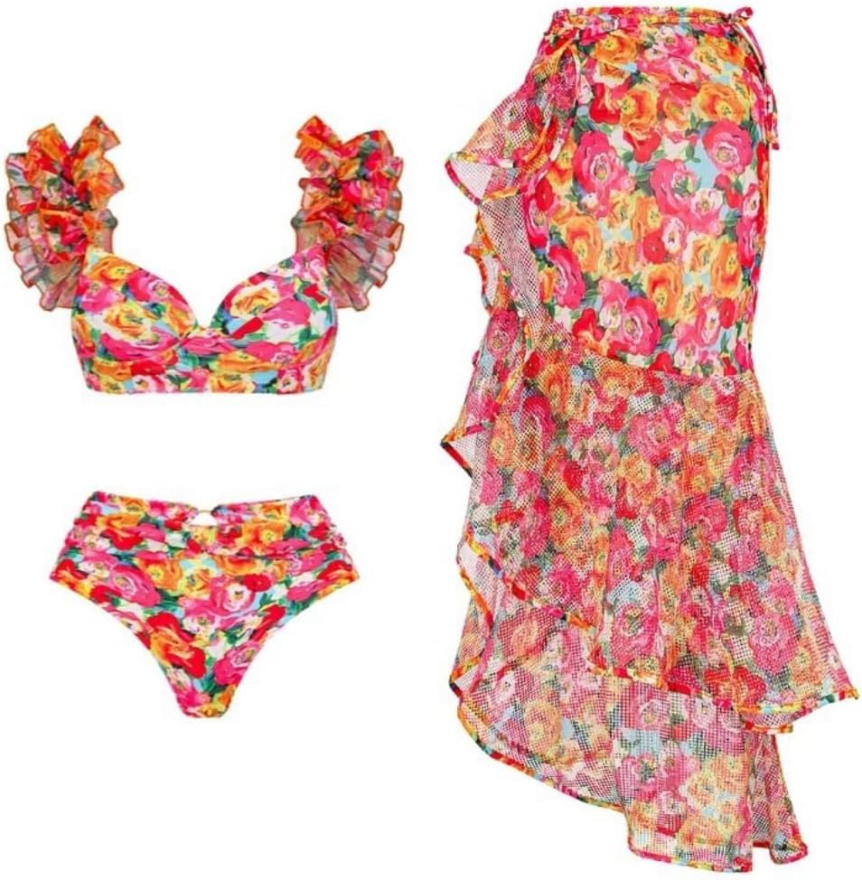 Women's Sexy Printed Instagram-Style Swimwear High-Waisted Three-Piece Set Slim-Fit Beachwear