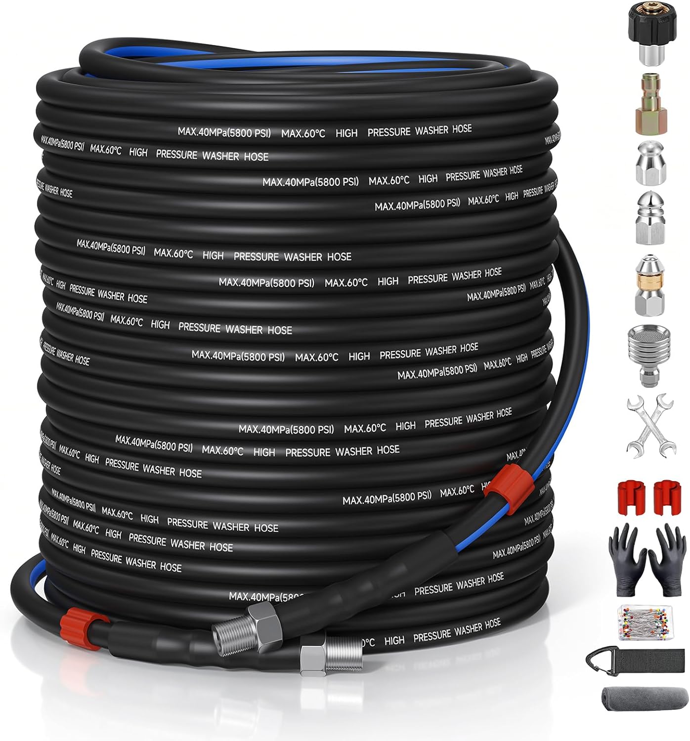 Sewer Jetter Kit for Pressure Washer 200FT, Drain Cleaner Hose 5800PSI 1/4 Inch NPT Corner with Sewer Cleaning Tool High Pressure Nozzle and Spanner Waterproof Tape