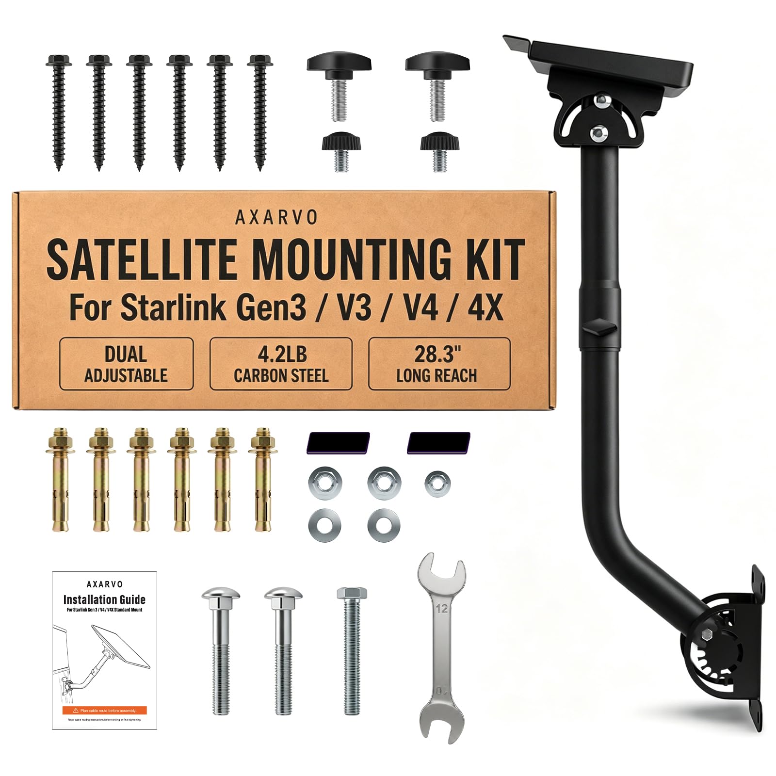 Kit di montaggio compatibile con Starlink Gen 3, montaggio a parete e tetto di casa, staffa girevole in acciaio al carbonio resistente per parabole antenna, braccio per grondaia da 71,9 cm per