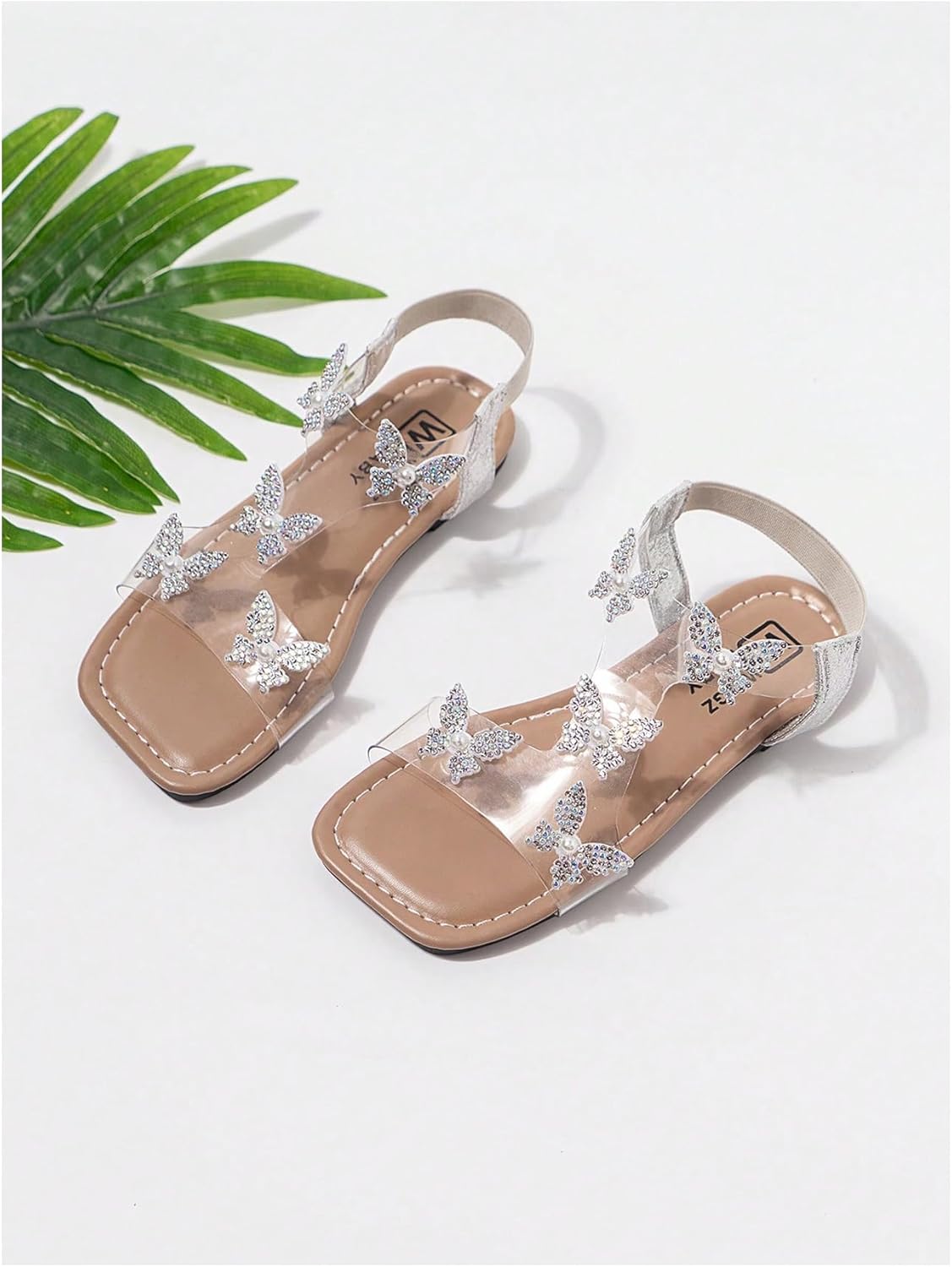 GORGLITTER Girl's Sandals Clear Butterfly Rhinestone Glitter Ankle Strap Flat Sandals Summer Beach Vacation Sandal 2.5 Big Kid Silver image 5 of 5 B0DQP98QRY