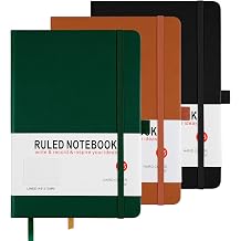 Notebook A5, 3 Pack Journal A5 Notebook 200 Pages 80 GSM Journal Notebook Hardback Notepad with Lined Pages, Pen Loop and Expandable Paper Pocket, Journal Notepad Note Book Black, Brown, Green