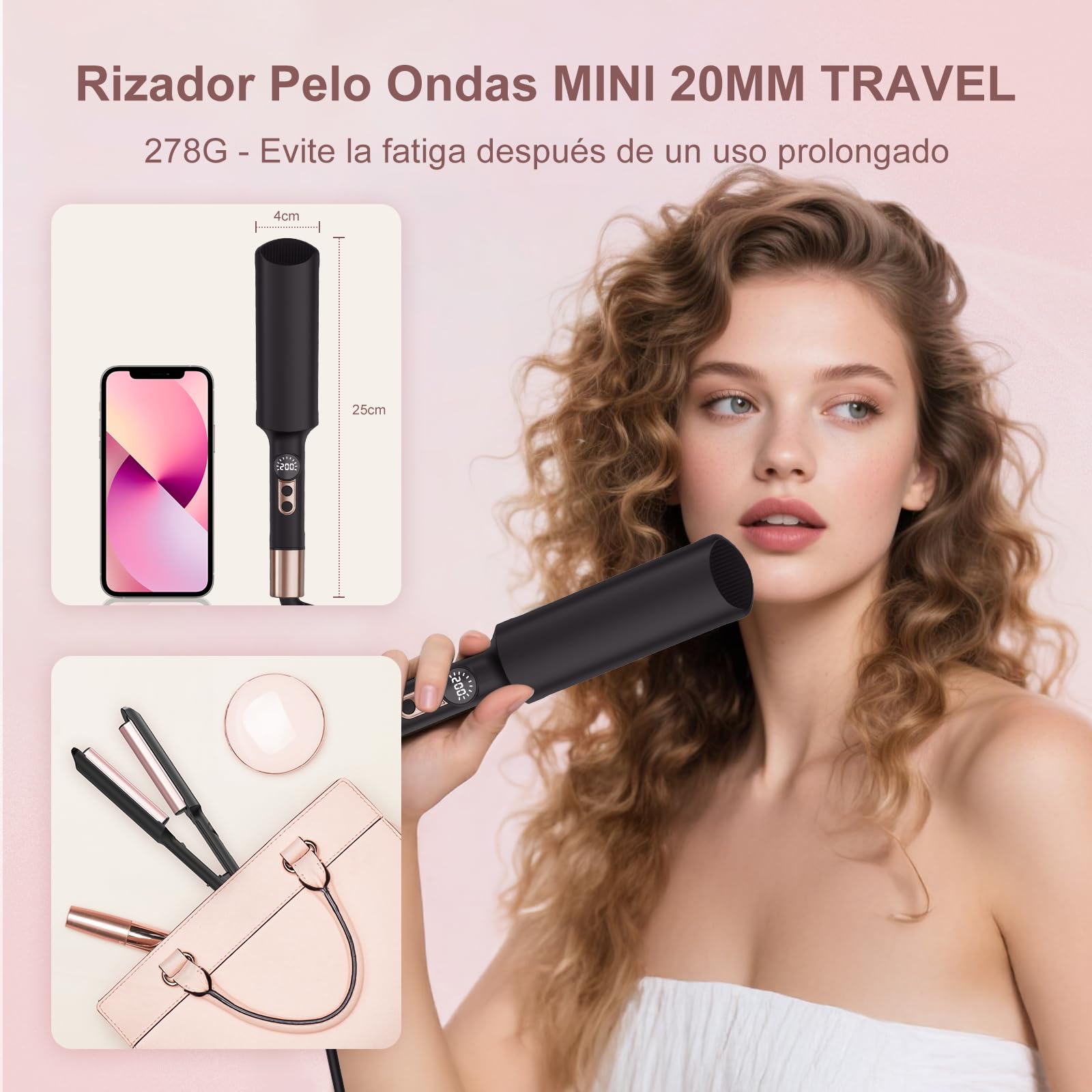 AISEELY Rizador de Pelo Ondas, 20 MM Plancha Ondas Pelo, 5 Temperatura Ajustable 120℃ y 200℃, PET Anti-Escaldaduras, Mini Ondulador de Pelo Portátil, Plancha Ondas para Principiantes - Negro