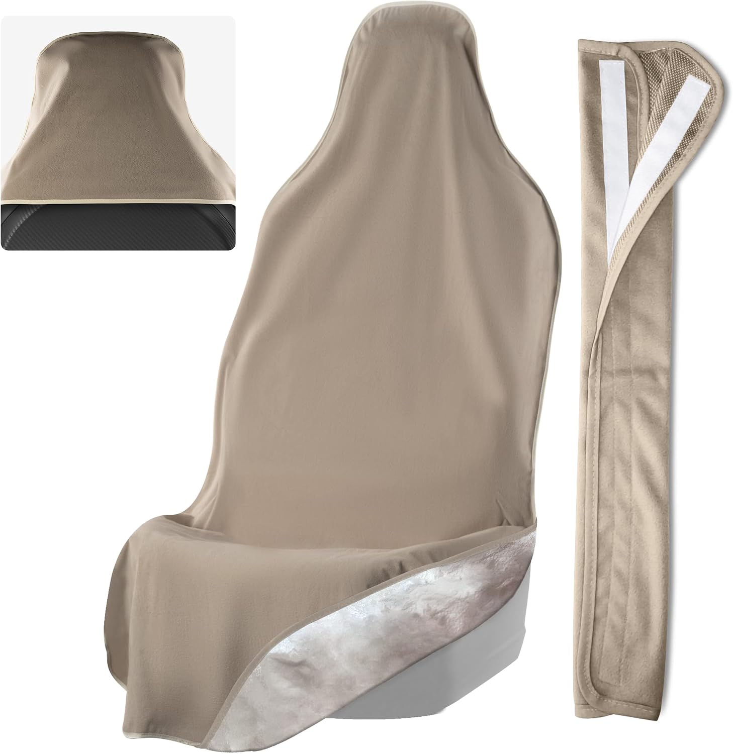 EliteSport Front Seat Cover and Seatbelt Cover - Tan Car Seat Towel and 20in Car Seat Belt Cover for All Vehicles - Seat Belt Cushion for Women, Men, Kids from Sweat, Food, Dirt
