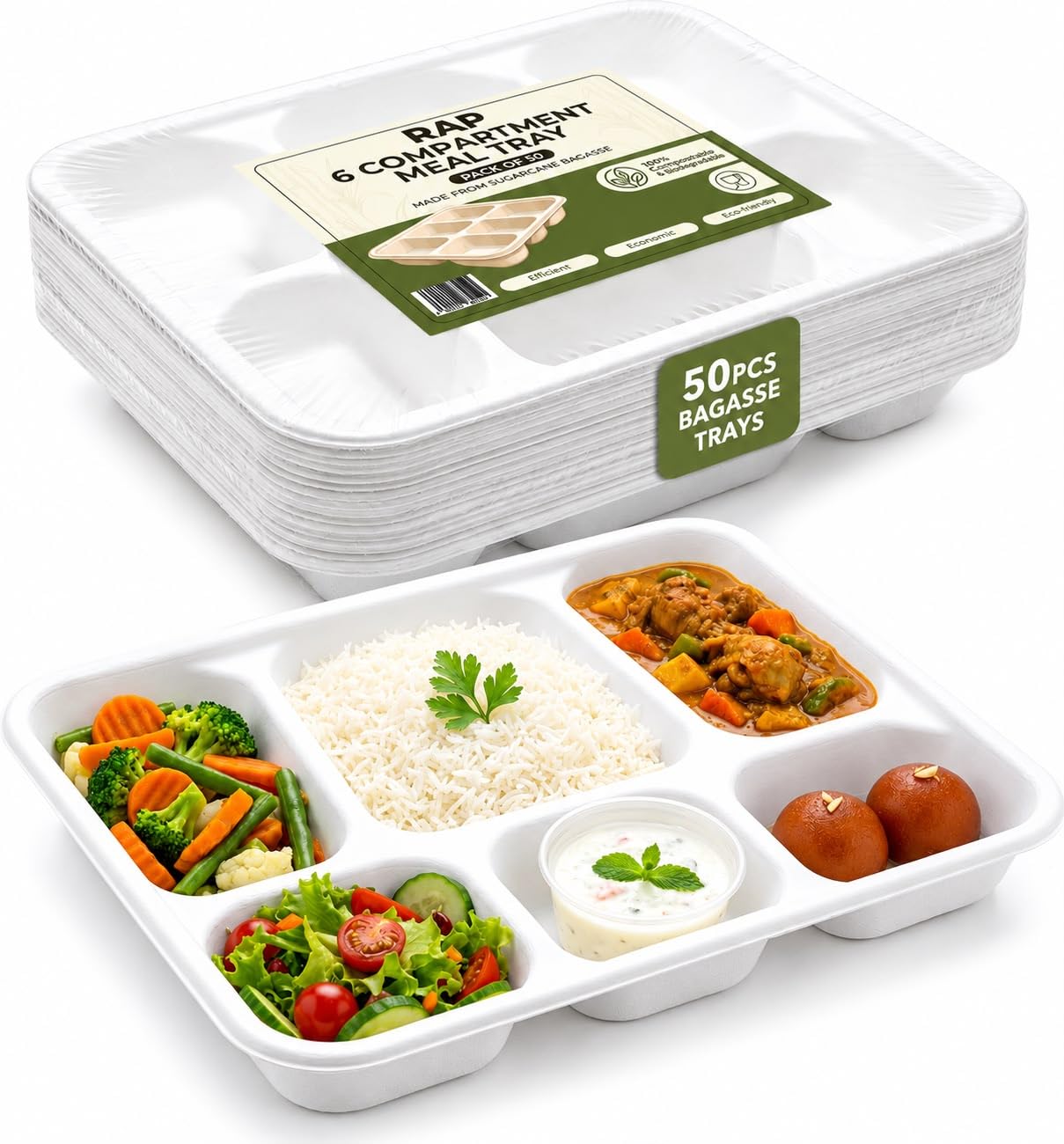 6 Compartment Paper Plates Meal Trays 50 Pack Bagasse Compostable — image 1